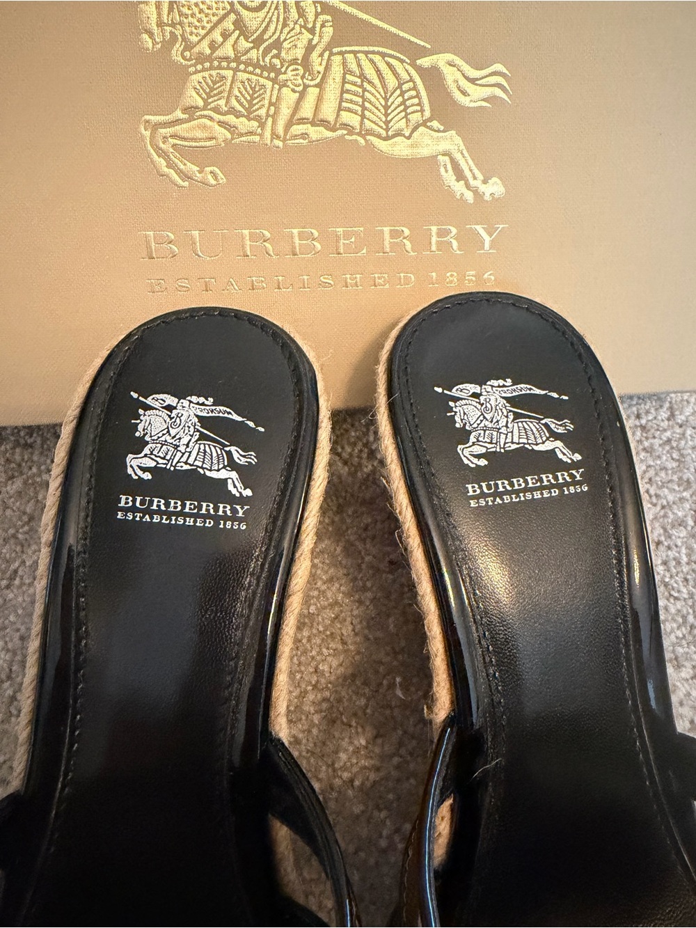 Burberry Black Patent & Vintage Check Wedge Sandals— size 39 - Picture 3 of 11